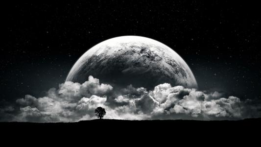 星球，树，云，夜，幻想