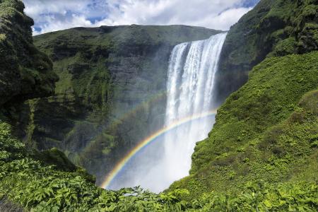 斯科加瀑布，冰岛，斯库加瀑布瀑布，冰岛，彩虹，岩石，瀑布