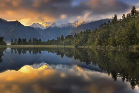 景观，自然，日落，山，湖，森林，反射，马西森湖，南阿尔卑斯山，新西兰