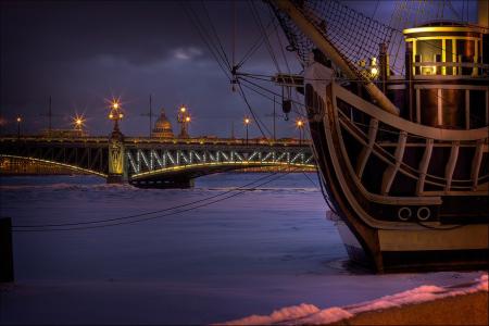 彼得，河，冬天，船，桥