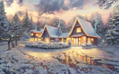 圣诞平房，冬天，雪，圣诞树，冰，光，烟，云，圣诞洛奇，托马斯金凯德