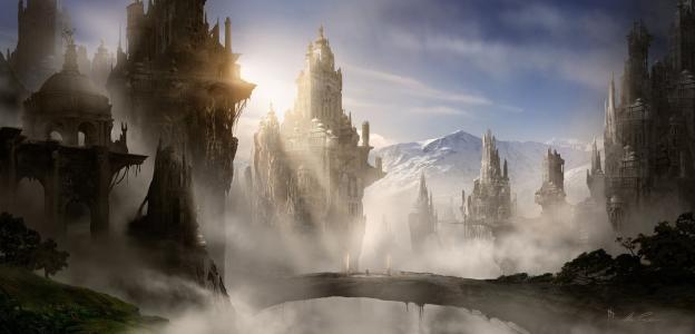 城堡，塔，桥，雾，城市，云，雪，山，岩石，阳光，艺术，幻想