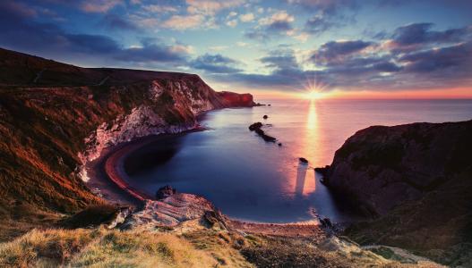 侏罗纪海岸，海，海洋，岸，日落，美丽的景色，景观，英格兰，英国