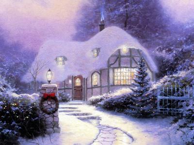 树，雪，假日，灯笼，圣诞平房，托马斯kinkade，绘画，绘画
