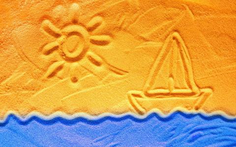 画在沙子上，房子，太阳，水
