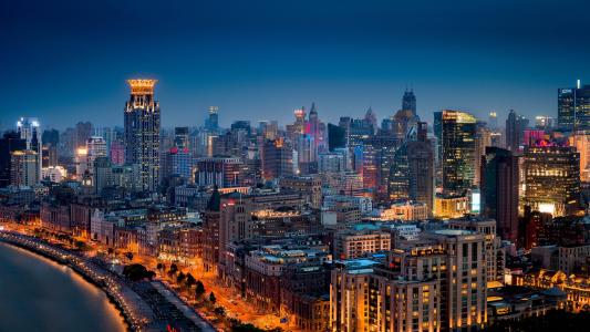 黄浦，上海，中国，黄浦，上海，中国，夜晚的城市，建筑，全景，堤防