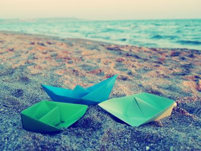纸船，彩色，沙，海，岸