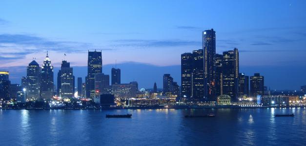 底特律，美国，美国，摩天大楼，建筑物，日落，晚上，河，船，灯，城市