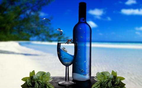 瓶，玻璃，沙滩，沙滩，海洋