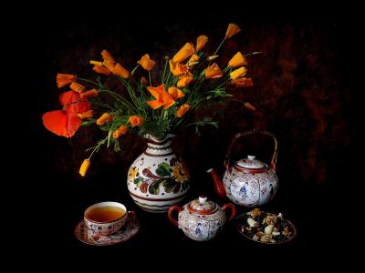 鲜花，花瓶，杯子，茶，坚果，静物