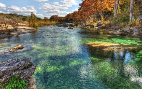 美国，河，秋天，石头，得克萨斯州，树木