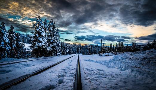 冬天，日落，铁路，雪，树，景观