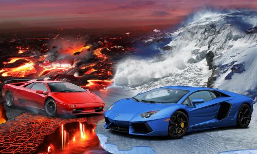 超级跑车，兰博基尼暗黑破坏神，兰博基尼aventador，红色，蓝色，调教，火，熔岩，山脉，雪，雪崩