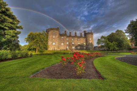 基尔肯尼城堡，爱尔兰，城堡，爱尔兰，公园，鲜花，彩虹