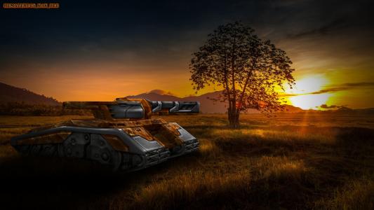 坦克，日落
