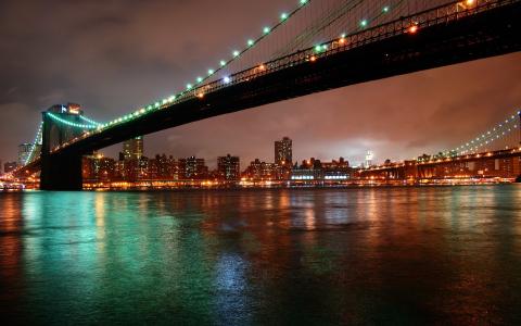 布鲁克林大桥，纽约，夜，灯，布鲁克林大桥，纽约