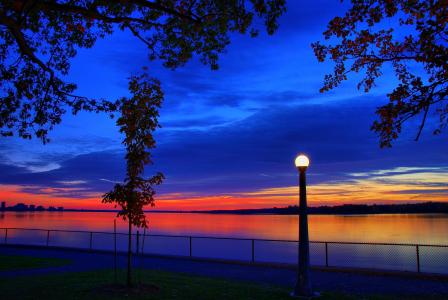 渥太华河，日落，河流，灯笼，树枝，景观