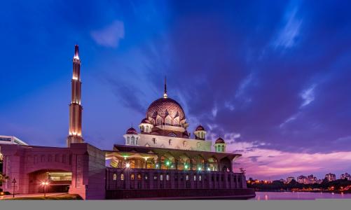 清真寺，灯，紫色，日落，晚上，普特拉贾亚，海峡，马来西亚