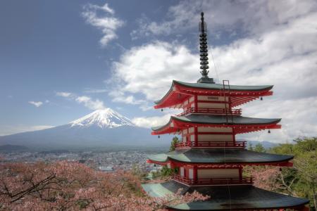 富士山，Chureito塔，富士吉田，日本，福建，富士，福建，日本，宝塔，森林，火山，樱花，全景