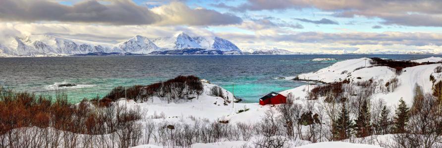 挪威，河，房子，路，冬季，山，景观，全景图
