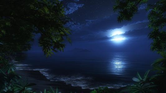 夜晚，月亮，沙滩，大海，浪漫