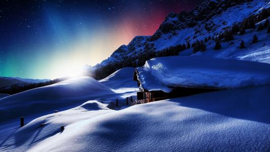 日落，房子，山，冬天，雪，景观