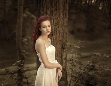 森林，树木，女孩，红头发，心情，悲伤
