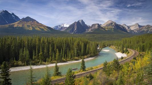 弓河，加拿大，山，河，铁，路，秋，景观