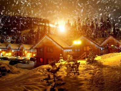 村庄，房子，冬天，雪，汽车，照明，森林