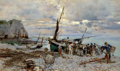 图片，Giovanni Boldini，Etretat，渔船返回，岸边，人，海，岩石，海景