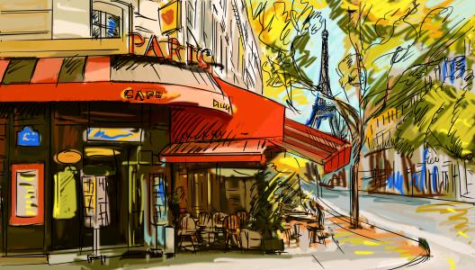 法国，咖啡馆，绘图，巴黎