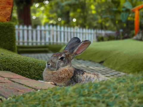 后院草坪上乖巧的兔子图片